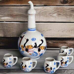 VINTAGE NASCO 7PC Tea Saki Set Hand Painted Birds Ceramic